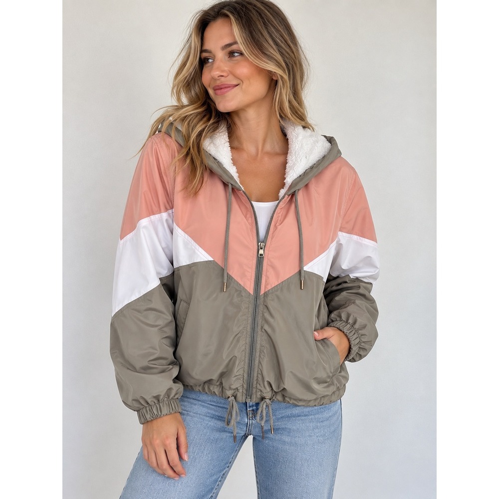 Ashley 26 Colorblock Sherpa Lined Hooded Windbreaker Jacket L